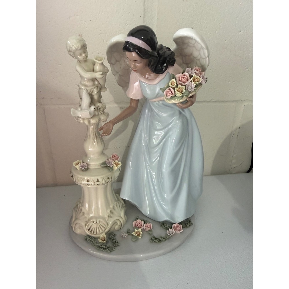 Hand Painted Porcelain Angel Figurine with Cherub and Flowers Light Blue 12 Inch
